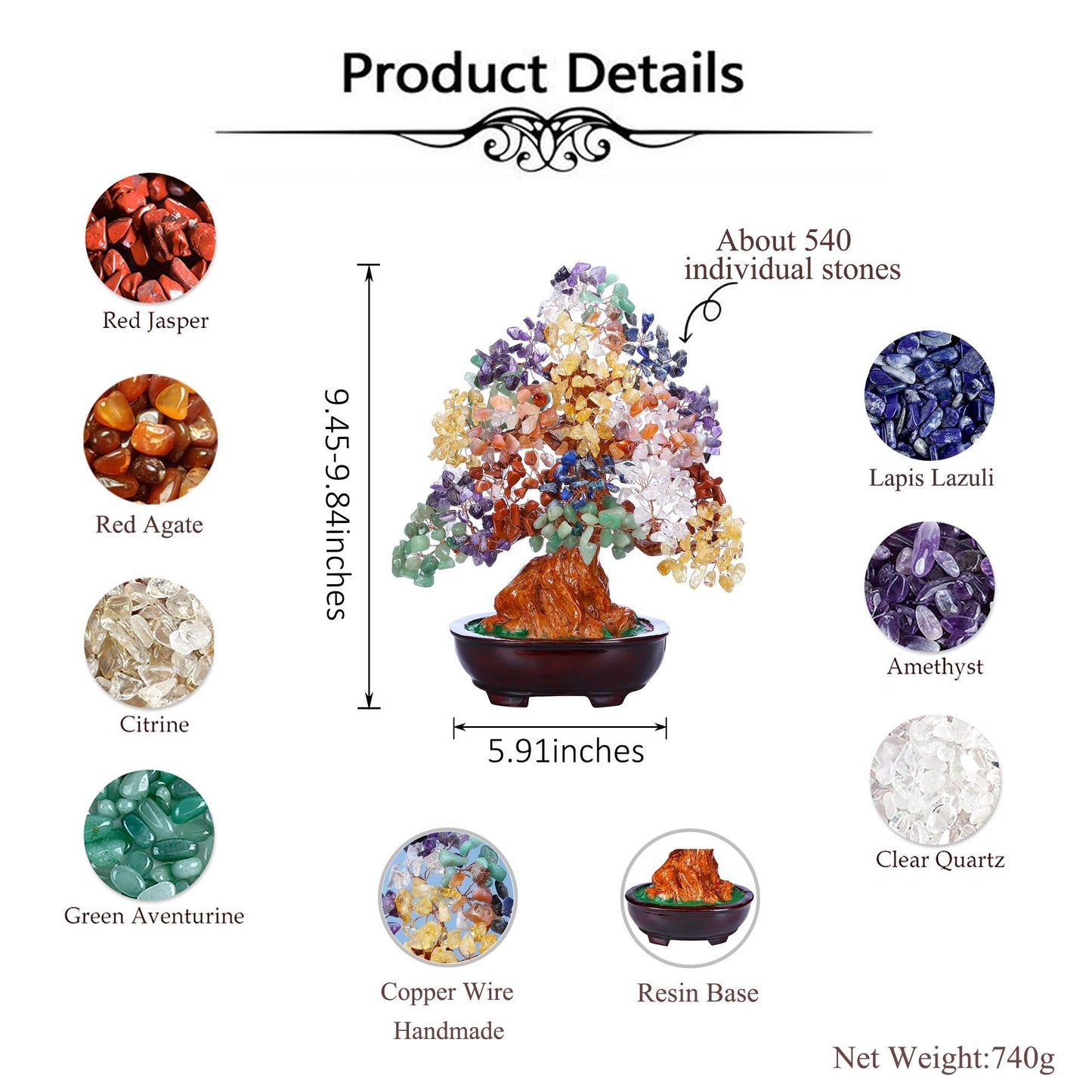 Top Plaza 7 Chakra Healing Crystal Tree 10 Inch Stone Bonsai Tree Feng Shui Good Luck Wealth Money Trees Decor Business Gift for Office Home Living Room