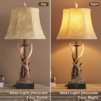 BOWOBO Antler Table Lamps Set of 2 with USB A+C Ports for Bedroom Farmhouse Deer Rustic Bedside Lamps with Faux Leather Bell Shade for Living Room End Table Hunting Themed Cabin Lamp Pull Chain