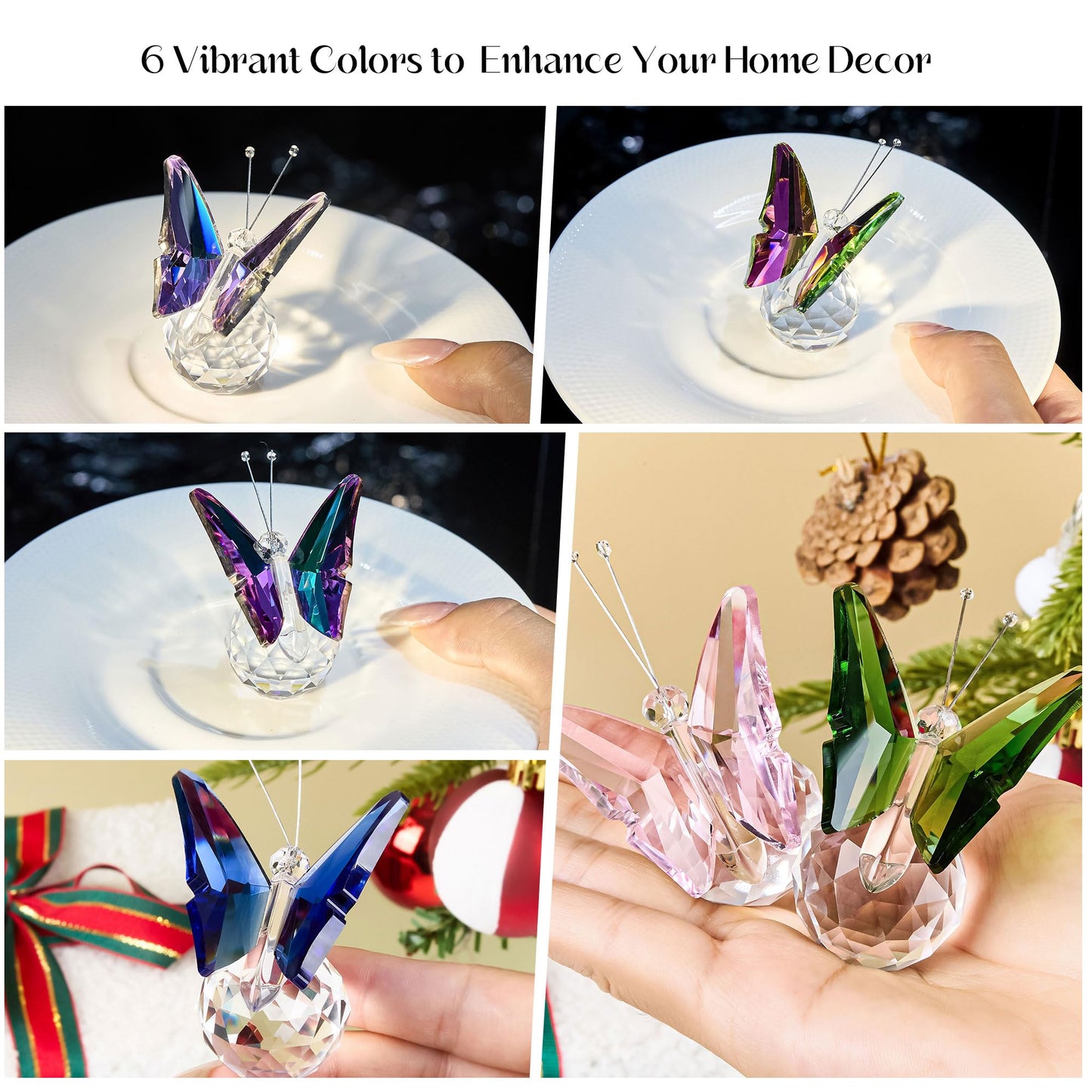 QFkris 6-Piece Crystal Butterfly Figurine Set, 2.2" Handcrafted Glass Animal Sculpture Home Decor, Office Room Tabletop Display Paperweight, for Mom Butterfly Lover Women Girl Birthday