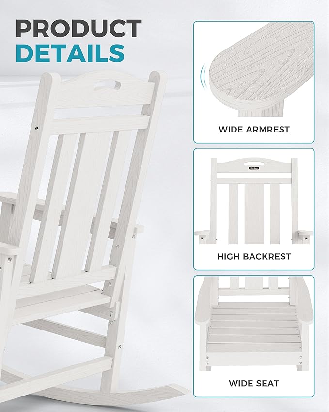 Ciokea Oversized Outdoor Rocking Chair, 380lbs Heavy-Duty Large Patio Rocker, Weather Resistant & Anti-Fade Porch Chair, High Back Cozy Rocking Chair for Outside, Fire Pit, Deck, Garden, White
