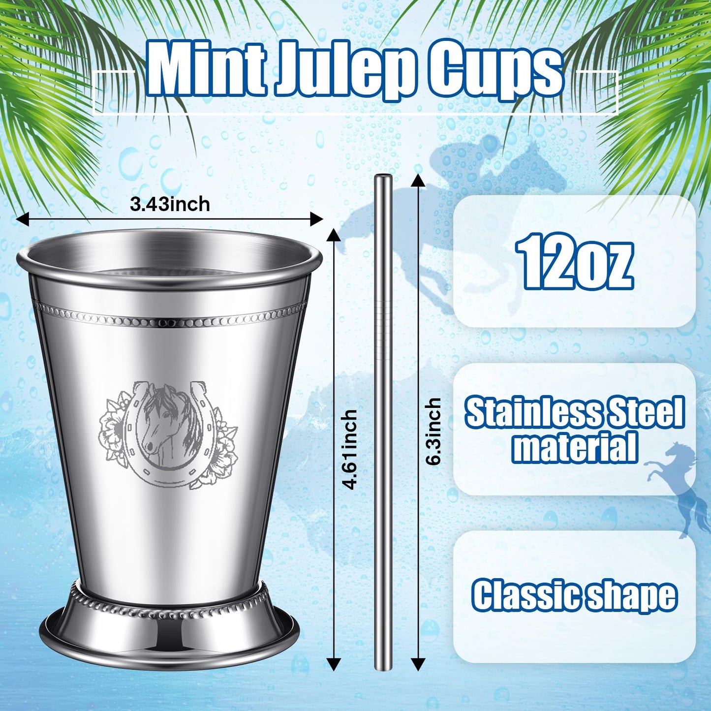 Ziliny 24 Pack Mint Julep Cups with Straws 12 oz Stainless Steel Drinking Cups Metal Cocktail Glasses Beaded Mint Julep for Horse Racing Derby Party Supplies