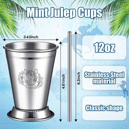 Ziliny 24 Pack Mint Julep Cups with Straws 12 oz Stainless Steel Drinking Cups Metal Cocktail Glasses Beaded Mint Julep for Horse Racing Derby Party Supplies