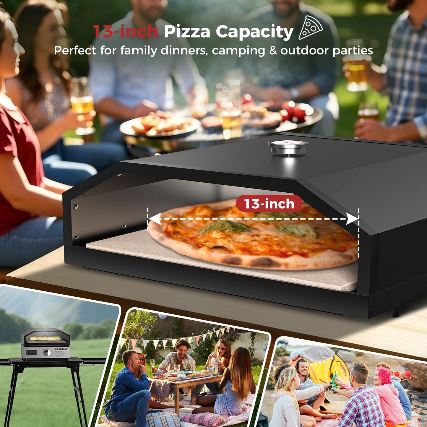 CAMPLUX Portable Propane Grill & Pizza Oven Combo, 11,000 BTU Tabletop Gas Griddle with 17" Pizza Oven Kit and Cordierite Stone, Compact Outdoor Mini Oven for Crispy Pizza, Camping, RV & Tailgating