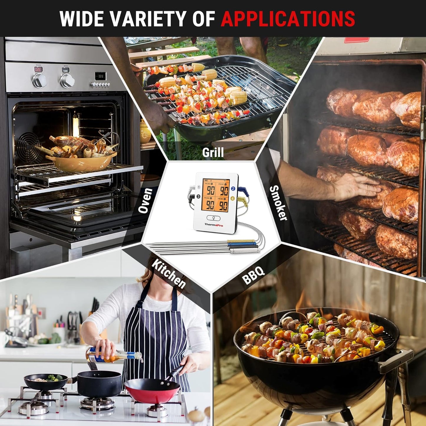 ThermoPro TP25 650FT Wireless Meat Thermometer with 4 Probes, Bluetooth Meat Thermometer for Cooking, BBQ Oven Food Smoker Thermometer Rechargeable