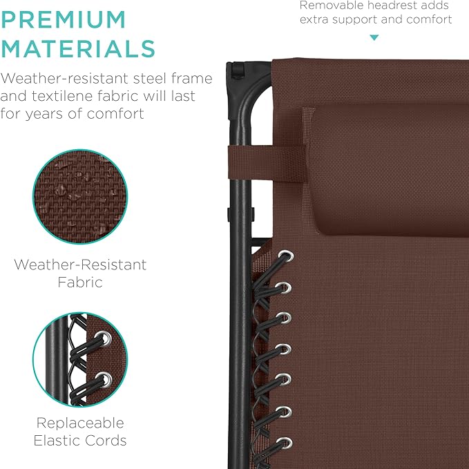 Best Choice Products 30” Wide Folding Zero Gravity Outdoor Recliner Patio Lounge Chair w/Adjustable Canopy Shade, Headrest, Side Accessory Tray - Brown