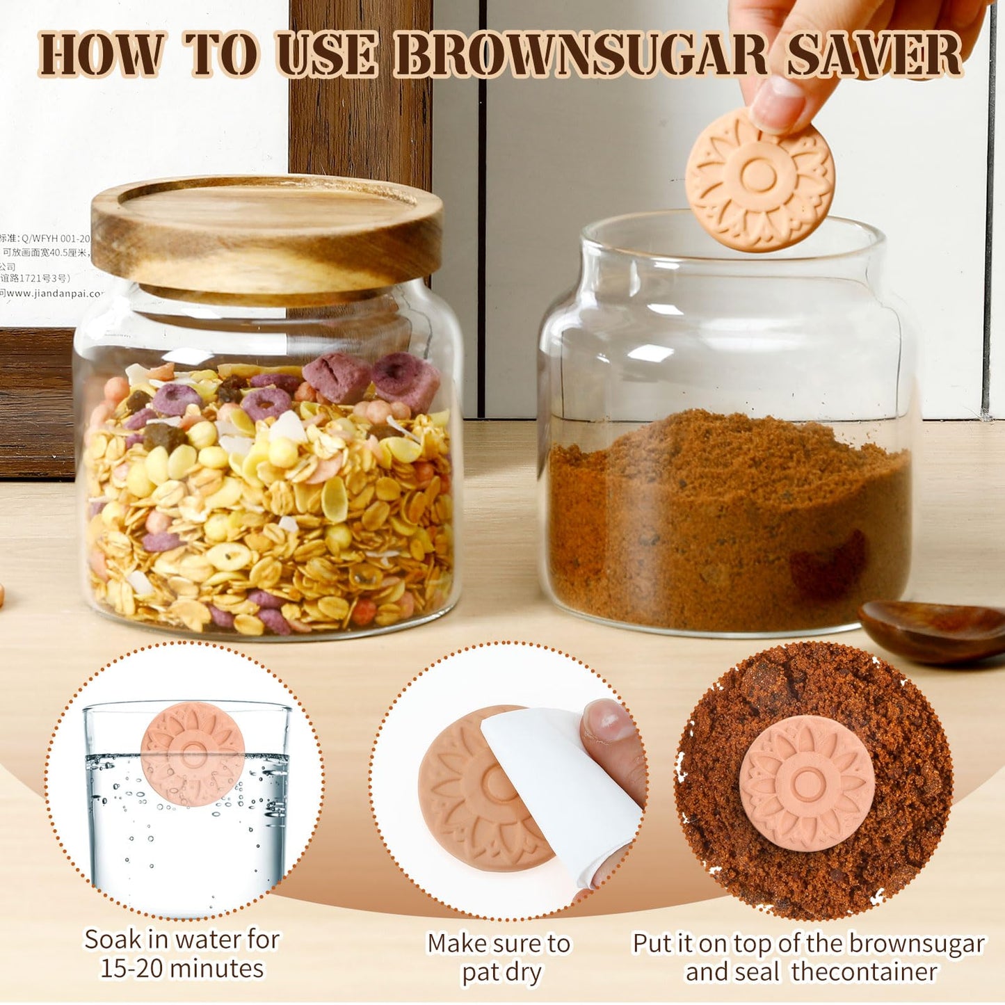 Maxdot 2 Pack Brown Sugar Keeper Container with Spoon, 500 ml / 0.53 Qt Glass Brown Sugar Storage Container with Wooden Spoon and Lid, Clear Glass Storage Jar for Baking, Salt and Snacks Saver