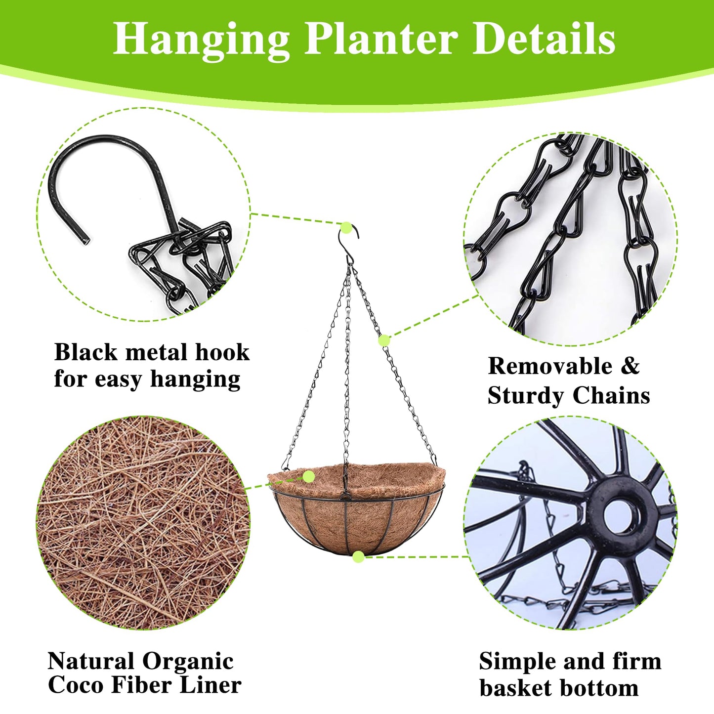 EIMQUVW Metal Hanging Planters Basket Set of 4 Hanging Flower Pots 10 Inch Chain Round Wire Plant Holder with Coco Coir Liner Garden Watering Hanging Baskets for Patio Garden Outdoor1