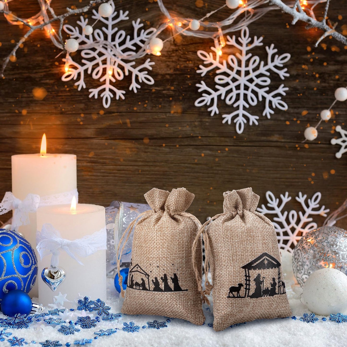 Kinlop 24 Pieces Christmas Nativity Burlap Gift Bags with Drawstrings 6 Designs Christmas Holiday Goody Treat Bags Linen Wrapping Candy Pouches Jewelry Pouches for Xmas New Year Party Favors