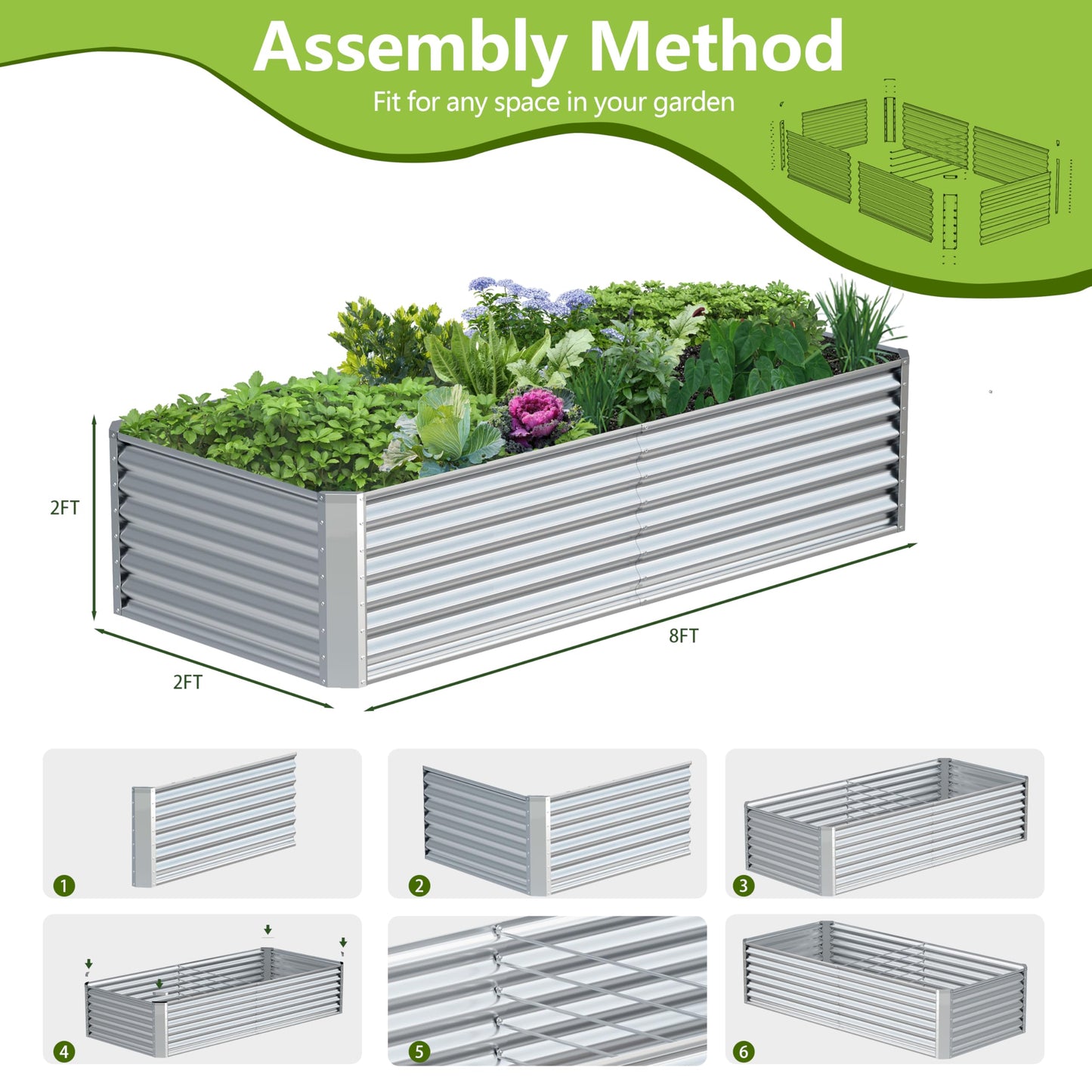 Ayen Guard 8x2x2FT Galvanized Raised Garden Bed,Galvanized Planter Boxes Outdoor, Large Metal Raised Garden Beds for Vegetables-Silver