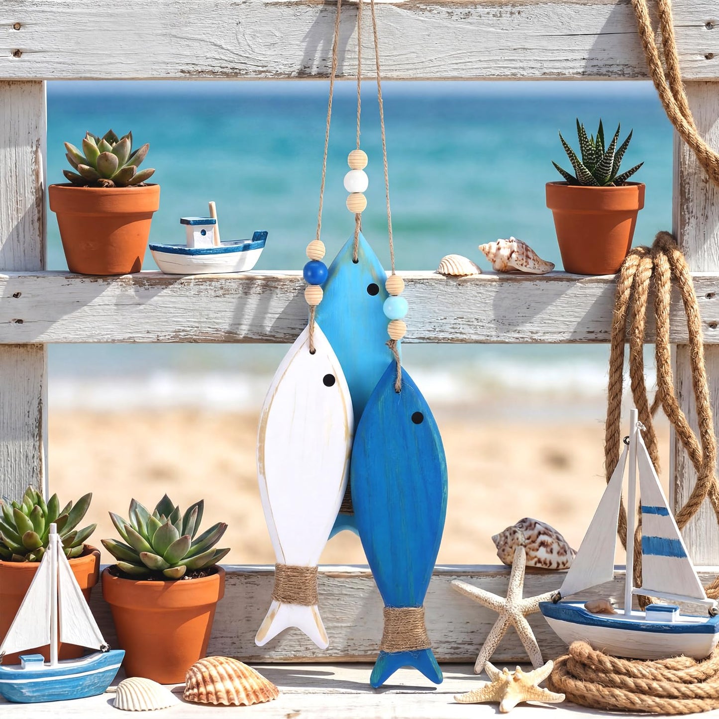 Geelin 3 Pcs Wooden Fish Wall Decor Fish Wall Art Nautical Decor Carved Hanging Beach Lake House Coastal Ornaments Wooden Fishs for Home Bathroom Bedroom Decorated