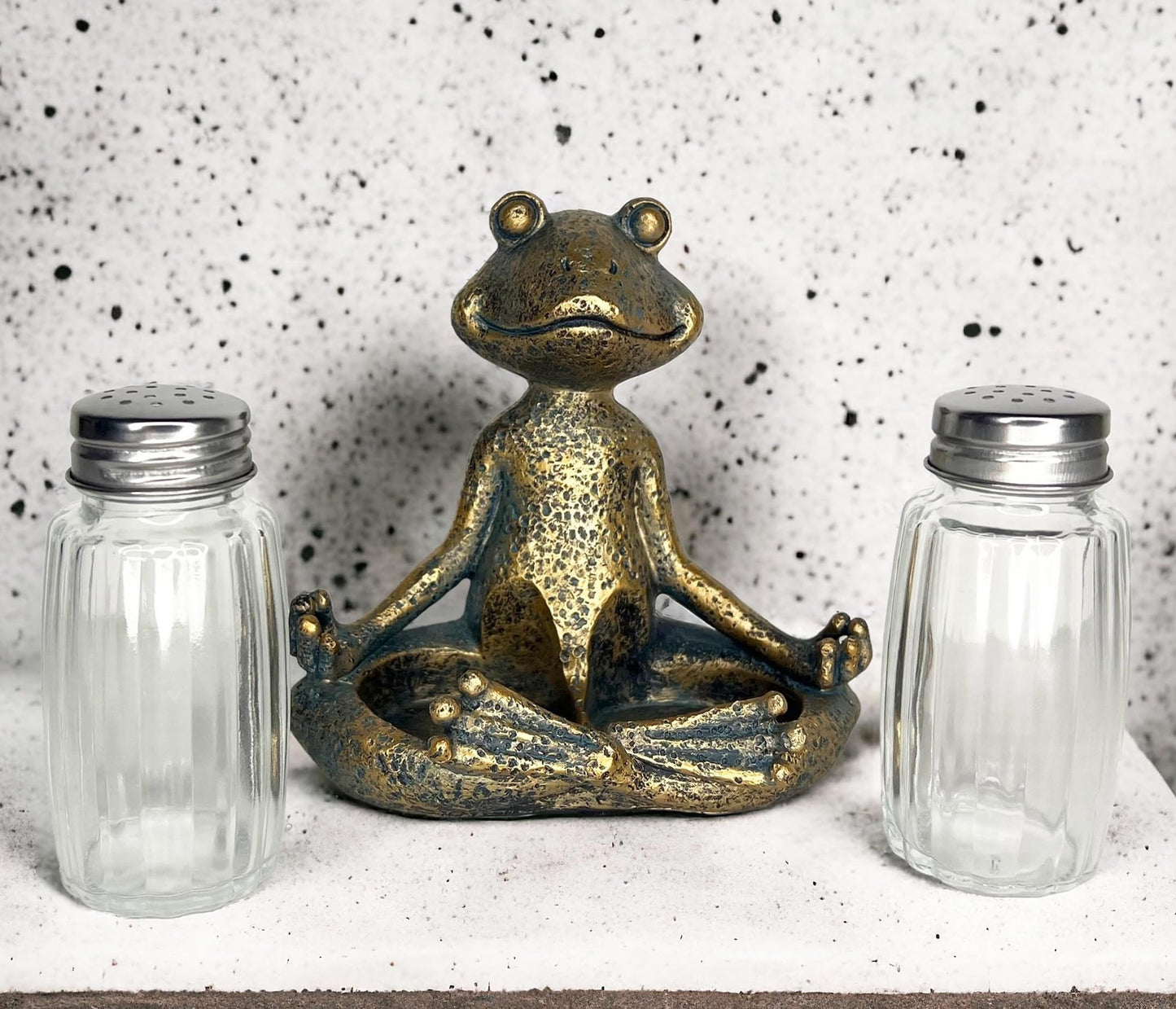 Yoga Frog Salt and Pepper Set with Glass Shakers – Whimsical Meditating Zen Master Lotus Pose Figurine – Dining Table Kitchen or Bar