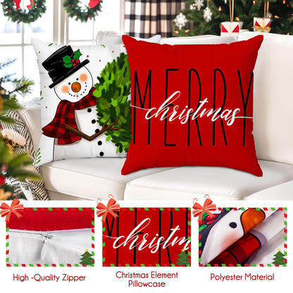 Brightown Red Christmas Pillow Covers 18x18 Set of 4 Christmas Decorations Winter Holiday Decor Throw Cushion Case for Home Couch