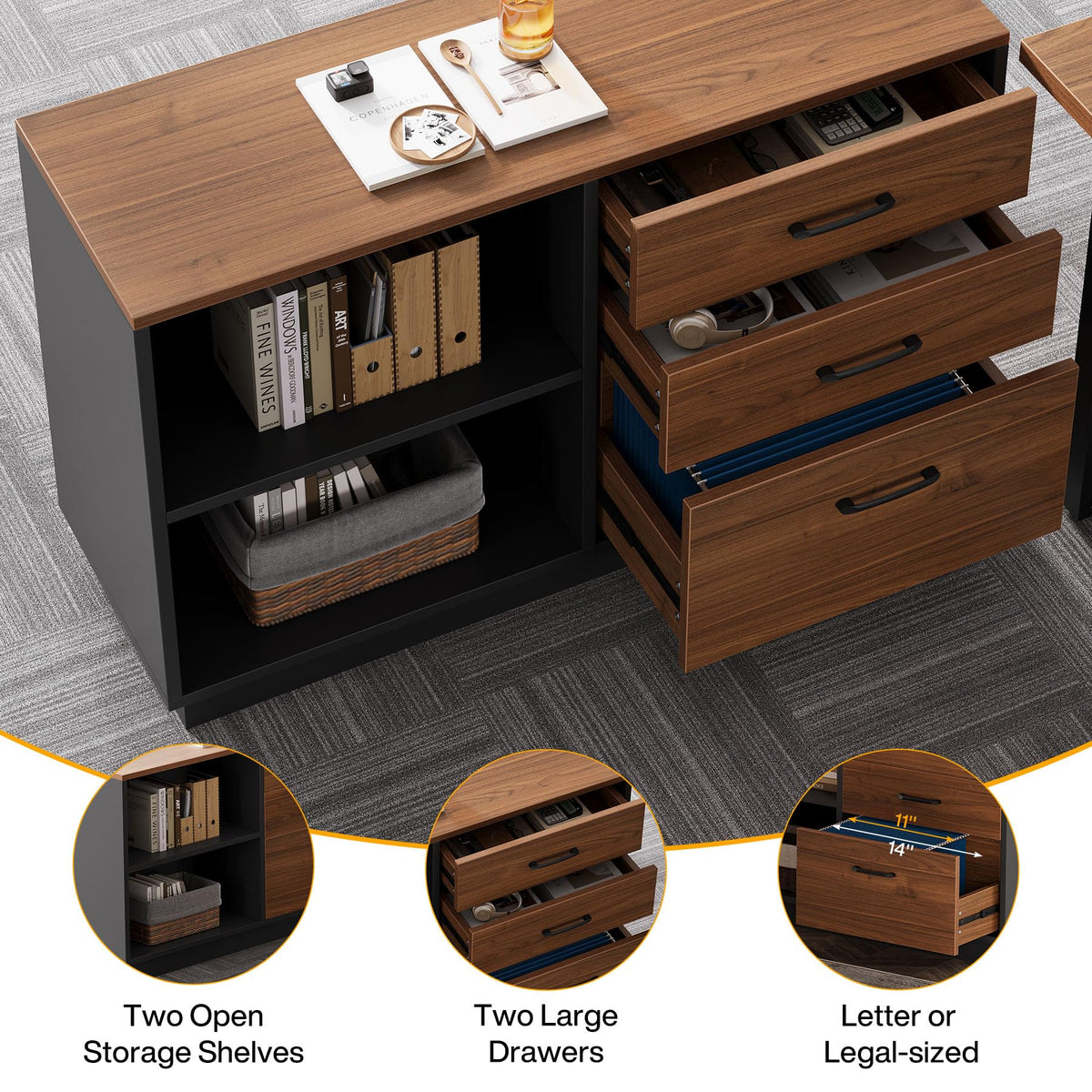 Tribesigns 63‘’ L-Shaped Executive Desk, Office Table with 39.37-Inch Drawers Cabinet, Large Computer Desk with Storage Shelves, Business Furniture Set for Home Office, Brown & Black