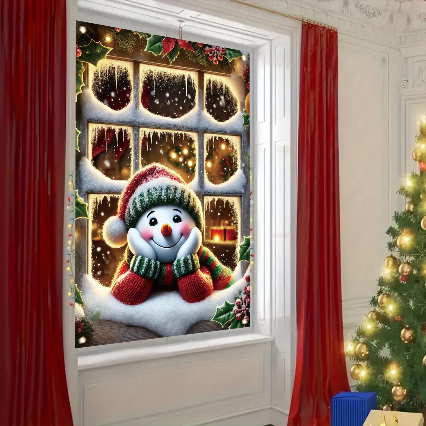 Saoplasa Christmas Window Cover Xmas Snowman Winter Decoration for Home Holiday Outdoor Window Clings 47x31 Inch Xmas Frosted Glass Sticker Removable Festive Mural for Living Room Kids Bedroom Decor