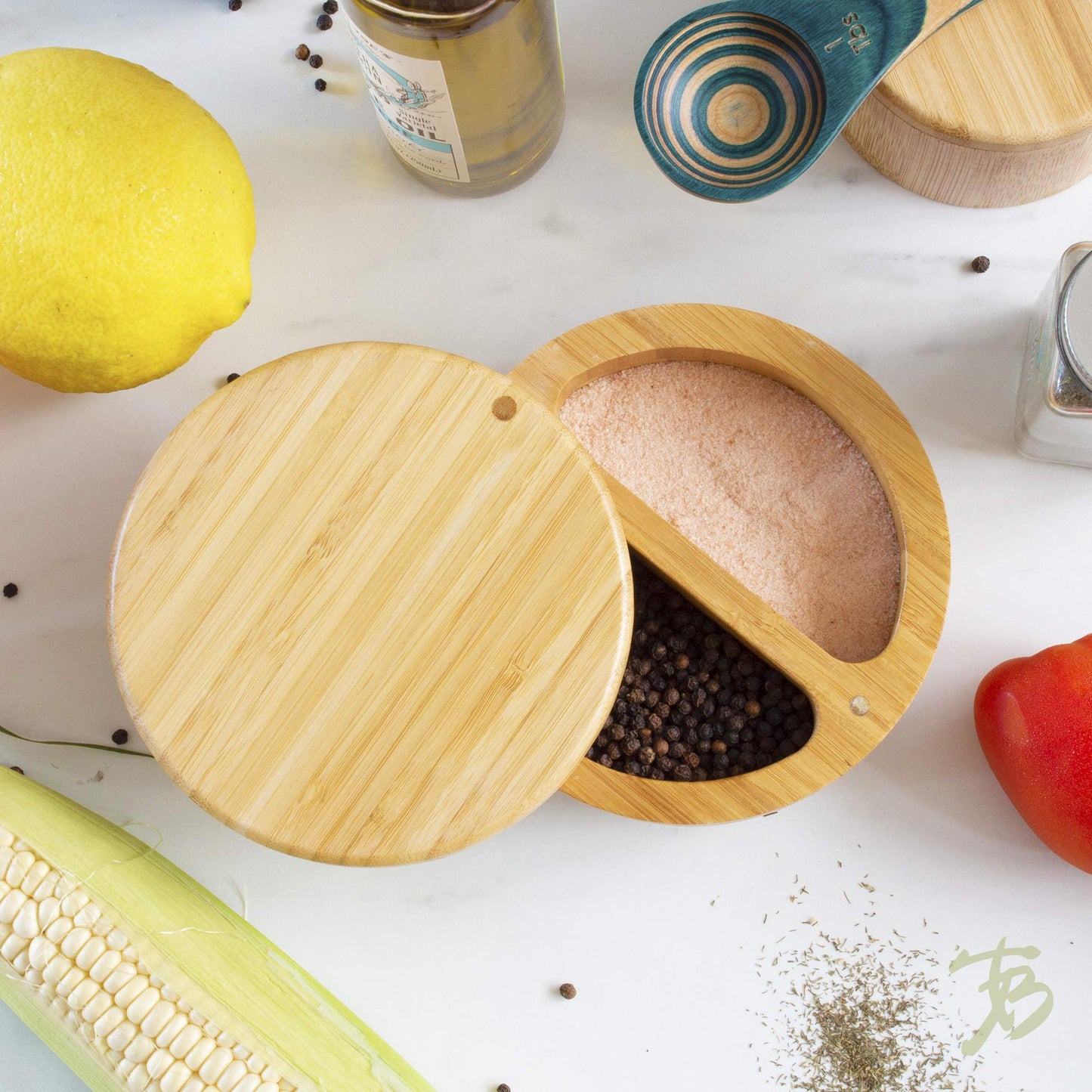 Totally Bamboo Salt Keeper Duet, Salt and Pepper Container with Dual Compartments, Bamboo Spice Cellar with Magnetic Swivel Lid, Countertop Bowls for Seasonings