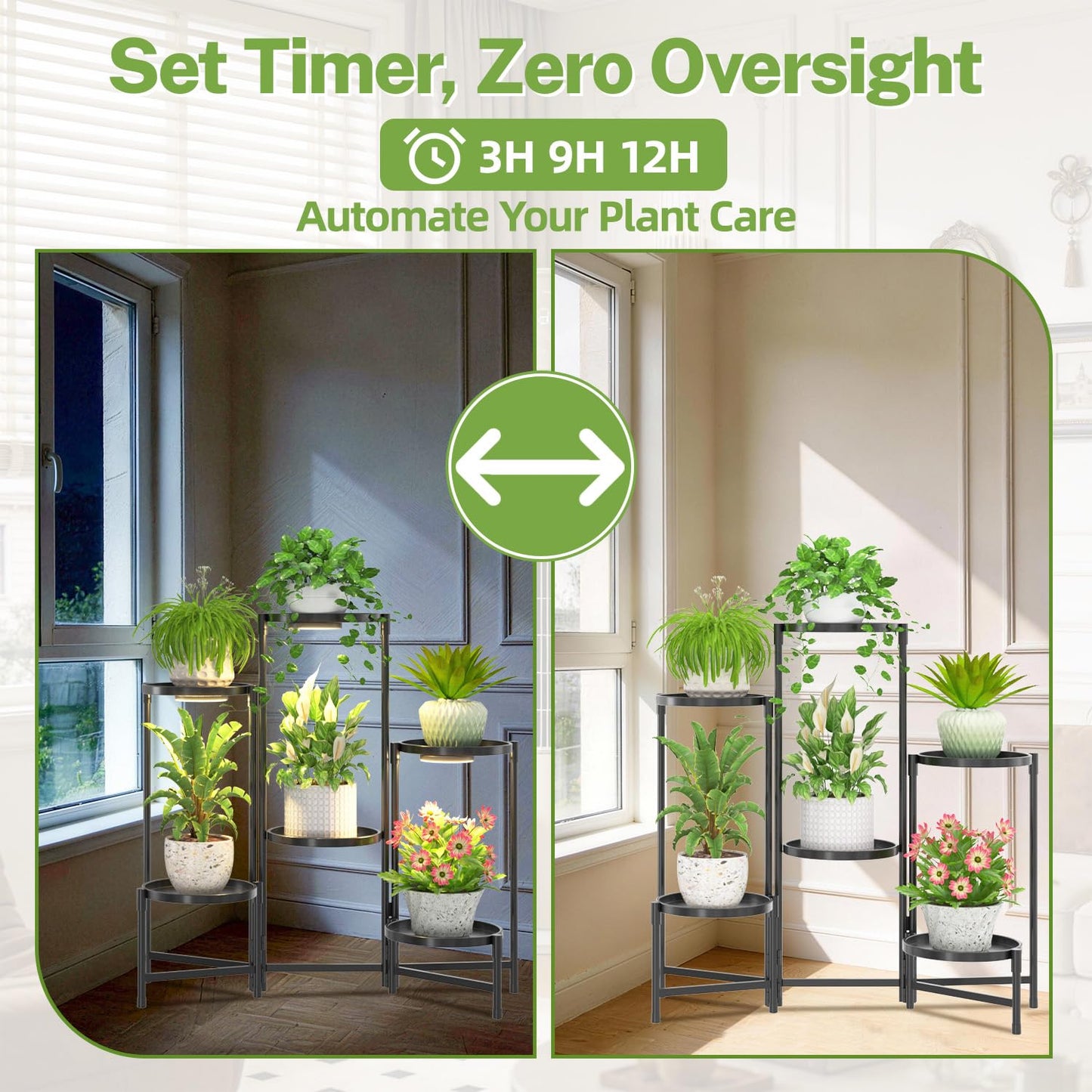 iDavosic.ly 6 Tier Large Plant Stand Indoor with Grow Light, Tiered Corner Metal Outdoor Flower Display Holder Shelf with 10 Inch Wide Tray, Folding Tall Rack for Patio Porch Living Room, Black