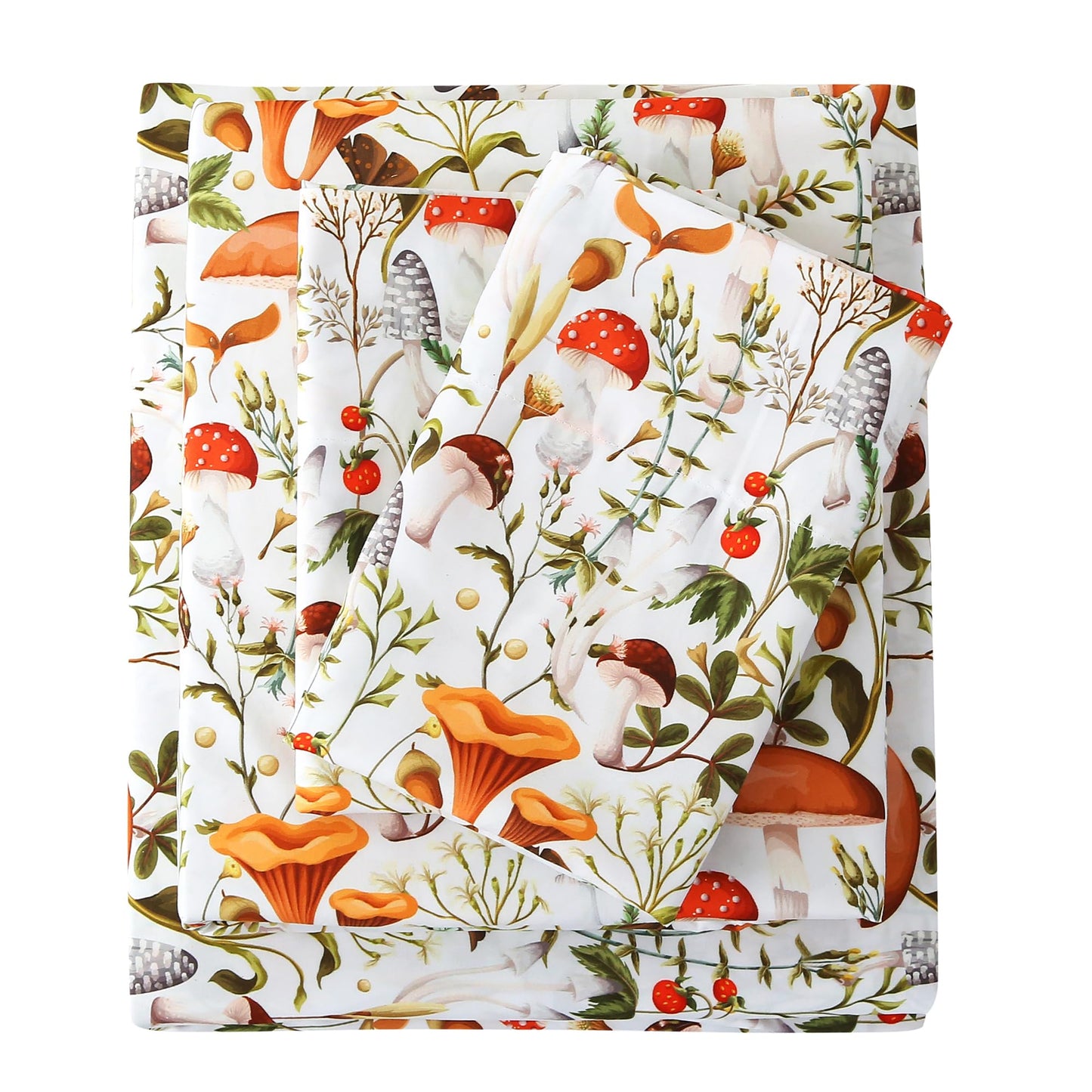 Mooreeke Cozy Vintage Microfiber Printed Queen Sheet Set - Soft & Breathable Percale Mushroom Forest Bed Sheets with Extra Deep Pocket - Non-Slip Fitted Design - Jungle Mushroom Leaves Pattern - Queen