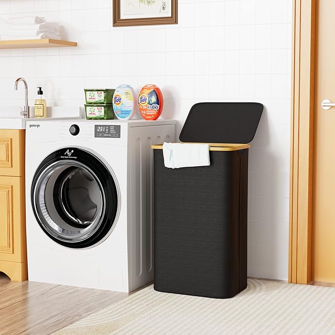 SUOCO Laundry Basket with Lid, 29 Gal Clothes Hamper with Bamboo Handles