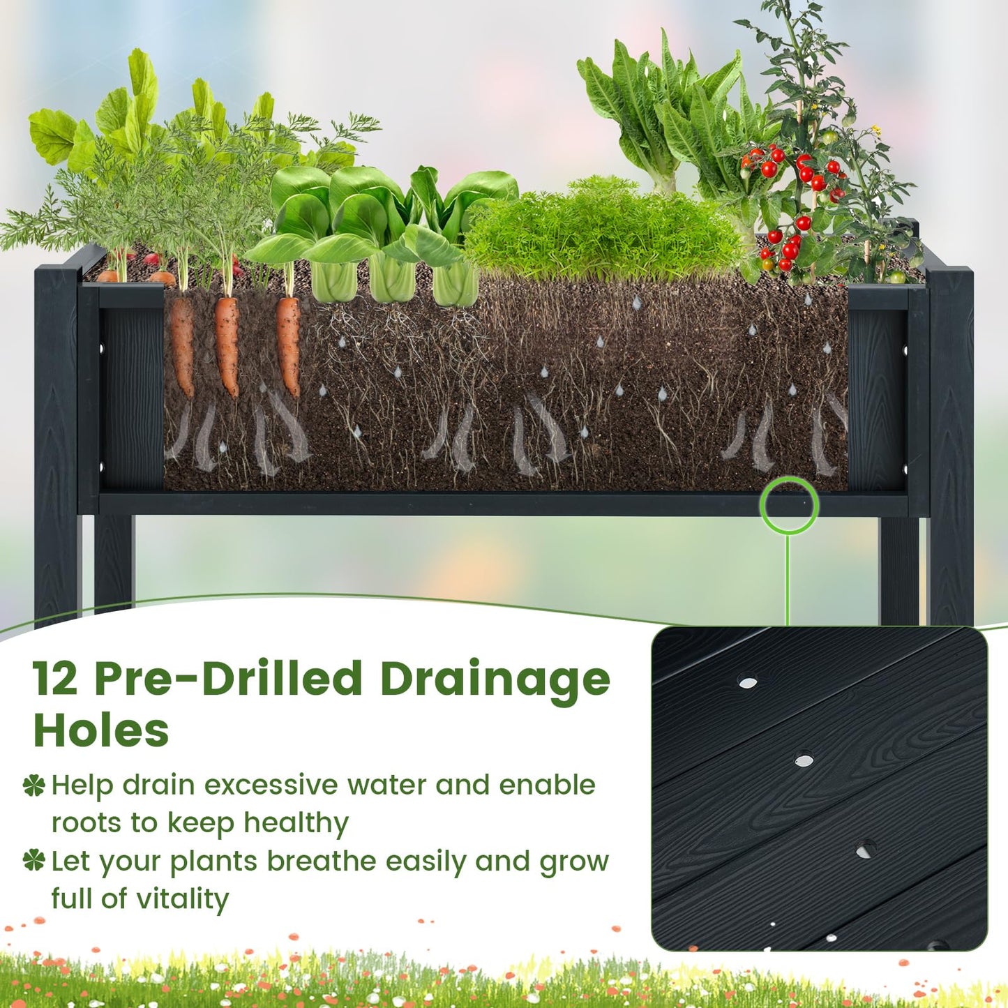 Giantex HIPS Raised Garden Bed, Elevated Planter Box w/Legs, Storage Shelf, Drainage Holes, Weather-Proof Standing Raised Beds for Backyard Balcony Flower Vegetable (Black, 34" x 18" x 29")