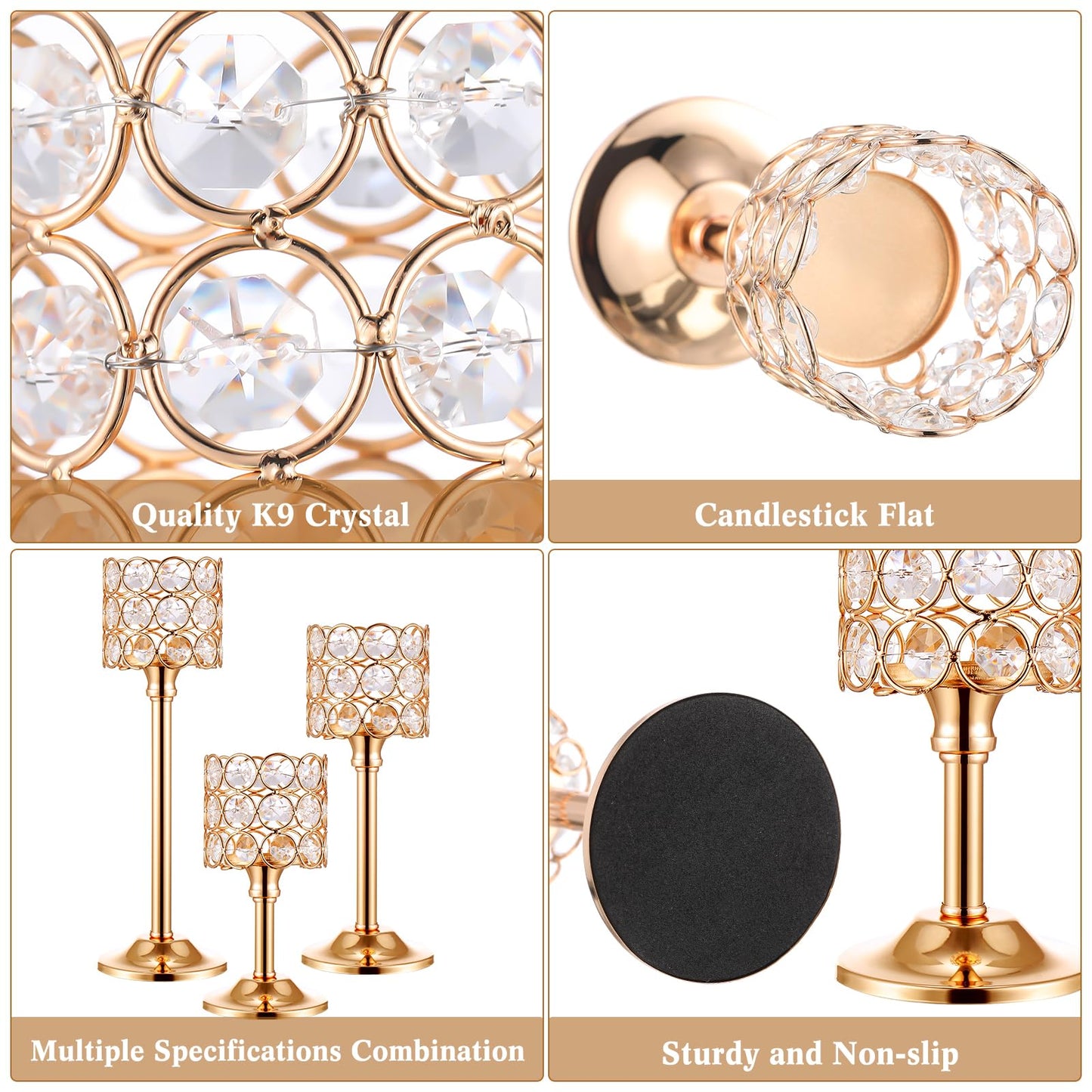 Mumufy 12 Pieces Crystal Candle Holders Set 3 Sizes Tall Crystal Wedding Candlestick Holders Pillar Candelabra Stand for Table Centerpieces for Christmas Party Wedding Dining Decoration (Gold)