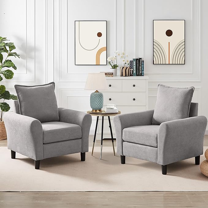 Mid-Century Accent Chairs Set of 2, Modern Linen Fabric Armchair
