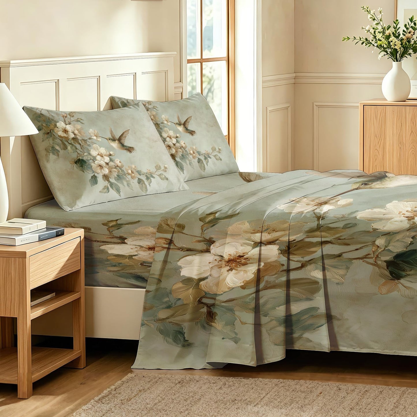 Bird and Flower Bedding Set 4 Pcs Hummingbird Queen Sheets