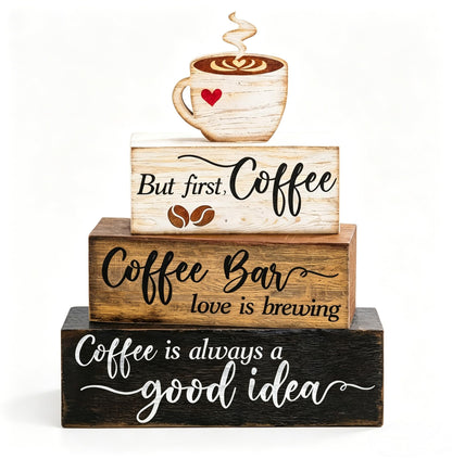 4 Pcs Wooden Coffee Bar Decorations Rustic Coffee Bar Signs for Tiered Tray Farmhouse Coffee Station Table Centerpiece Wood Bar Sign Gift Set Farmhouse Decor for Home Kitchen Tabletop