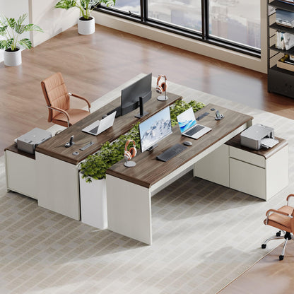 Homiflex Mid-Century Modern 78" L-Shaped Executive Desk with Independent Mobile File Cabinet, Large Home Office Desk with Drawers and 4 AC + 2 USB Power Outlets, Waterfall Edge Design, White & Walnut