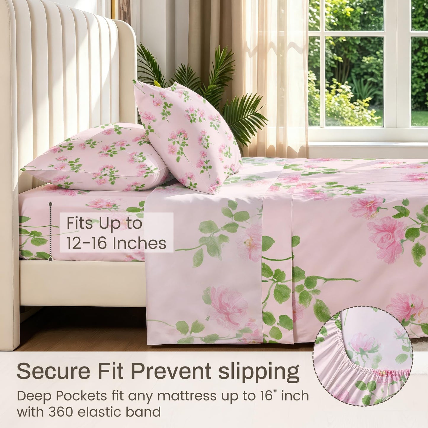 Pink Flower Queen Sheet Set Botanical Flat Fitted Sheet Sets