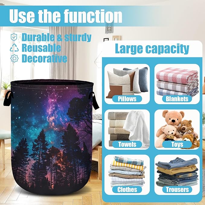 Purple Galaxy Forest Laundry Basket, Laundry Hamper Collapsible Oxford Cloth