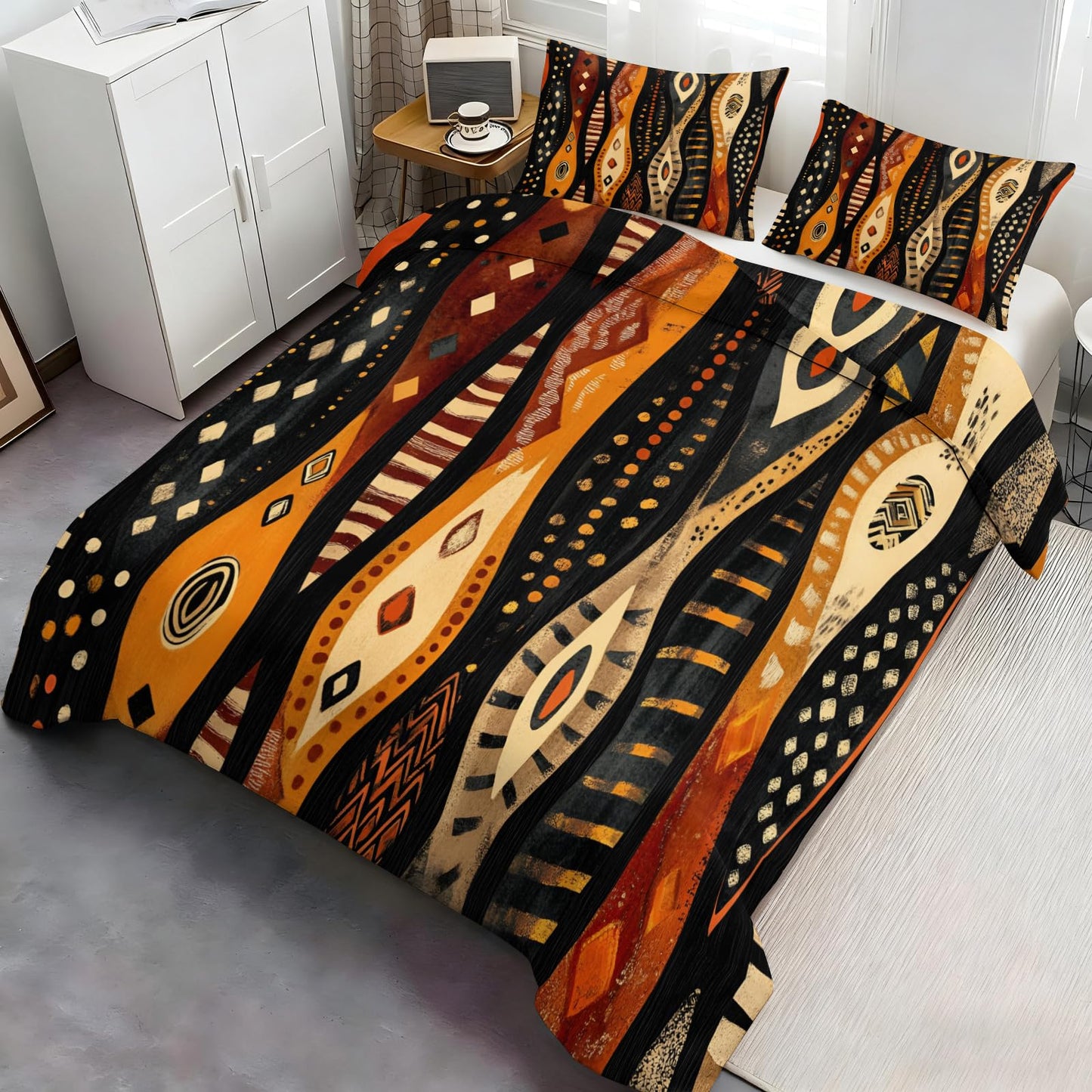 GKPLY Tribal Geometric Duvet Cover King, Ethnic Abstract Bedding Set with Zipper, Boho African Duvet Cover with 2 Pillowcases, Reversible 3 Pieces Earth Tone Bedding, Easy Care