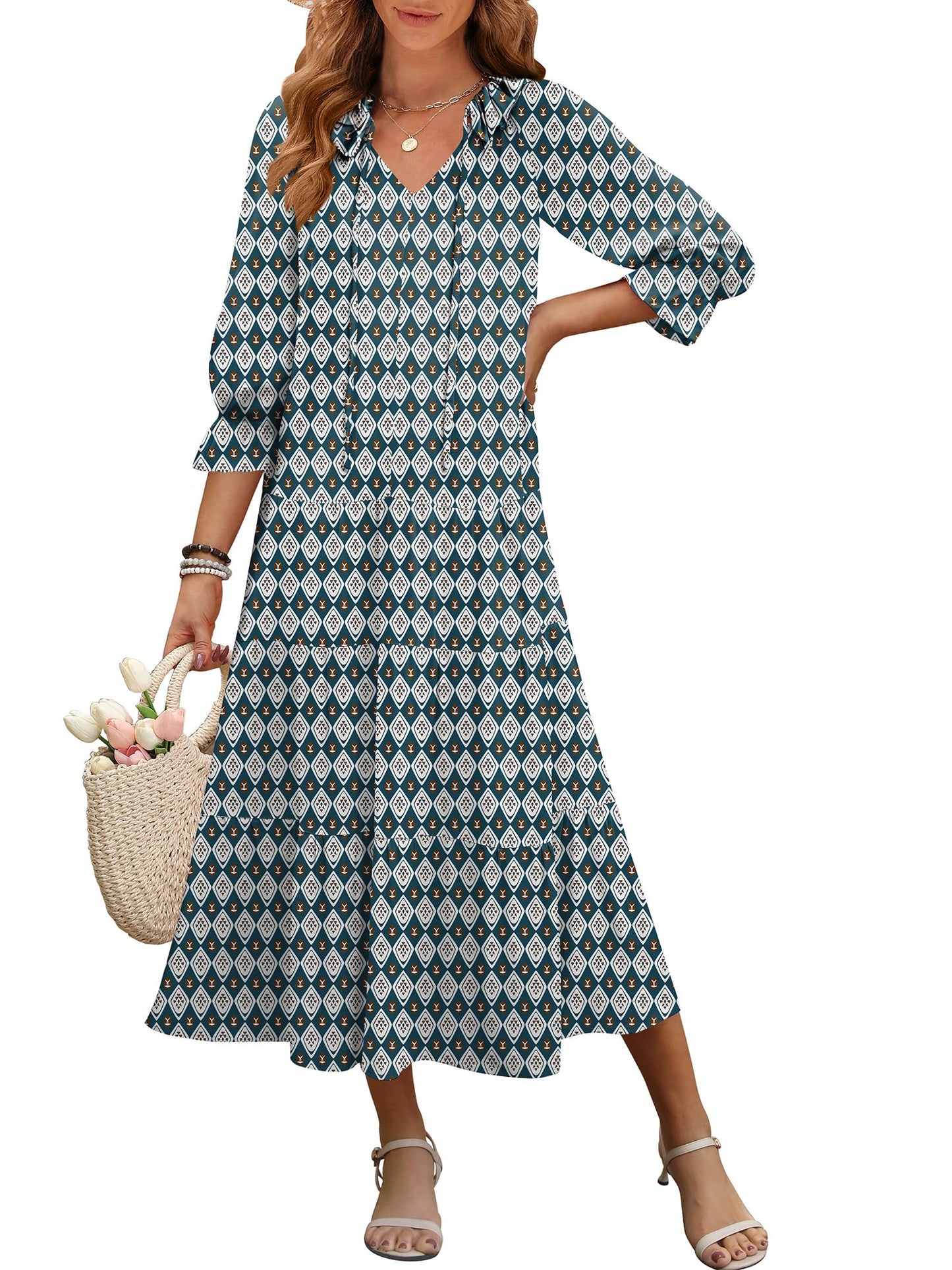 ANRABESS Women's Boho Maxi Dresses 2025 Summer Casual V Neck Puff Sleeve Floral Tiered Flowy Swing Beach Vacation Long Dress