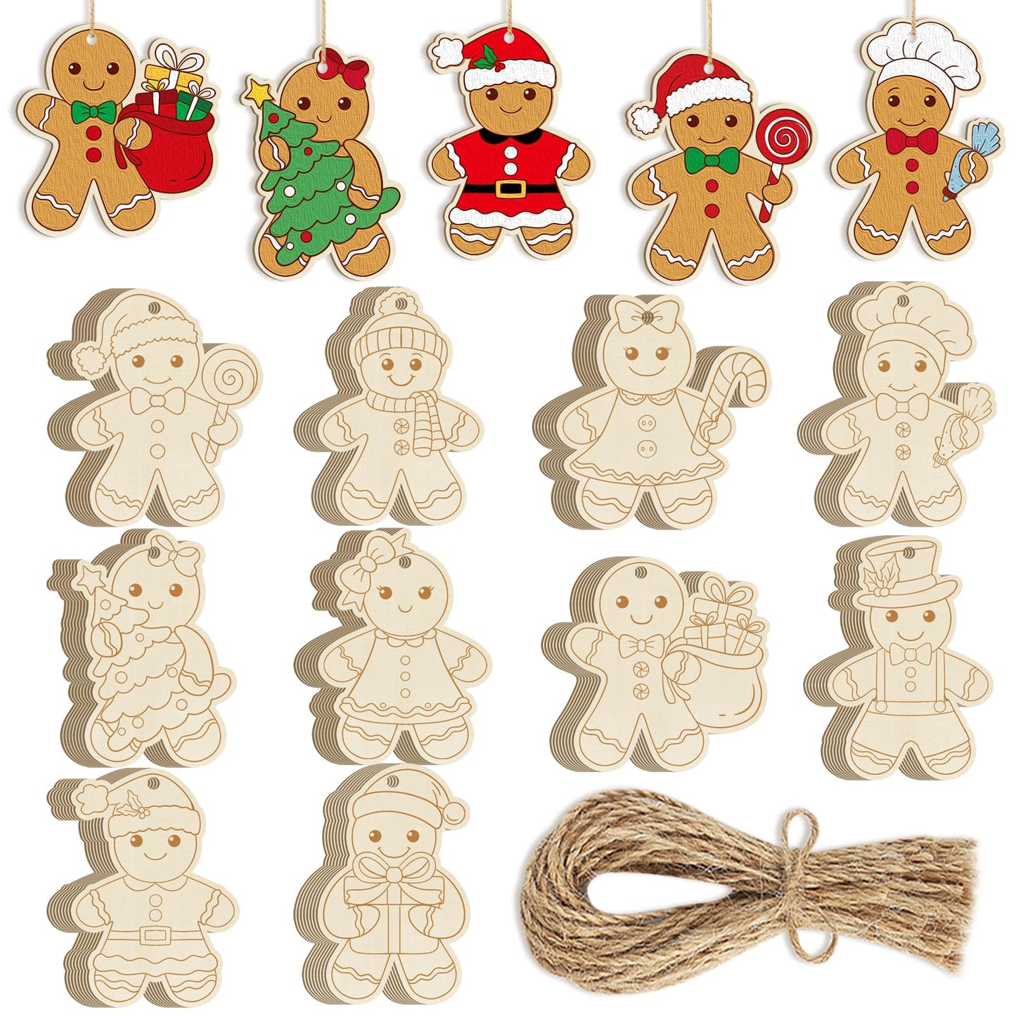 80PCS Wooden Christmas Ornaments to Paint, 8 Styles DIY Blank Unfinished Wood Gingerbread Man Cutouts Ornament for Crafts Winter Hanging Decorations