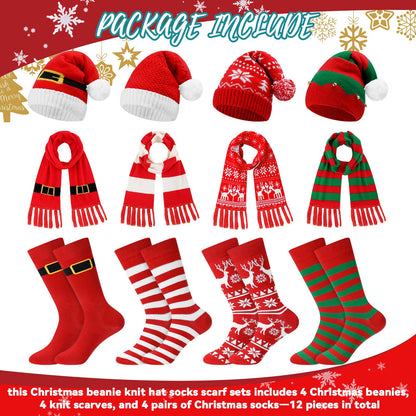 Liitrsh 12 Pack Christmas Winter Accessories Set, 4 Christmas Beanies 4 Knitted Scarves and 4 Pairs of Holiday Socks Soft Warm Xmas Hat Scarf Sock Set for Family Parties Gifts