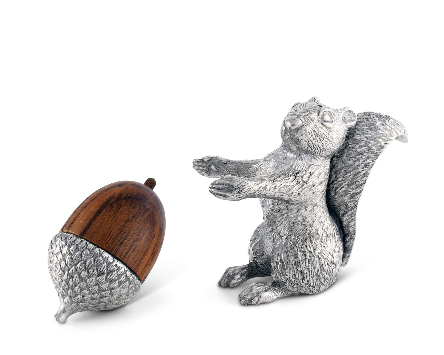 Vagabond House Pewter Squirrel with Wood Acorn Salt and Pepper Shaker Set Fall Harvest Tableware 3 inch Tall