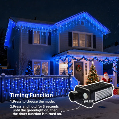 BYIZO Christmas Outdoor Icicle Lights - 200 LED 21+16 FT 8 Modes Curtain Fairy String Light Plug in, Waterproof for Eaves Yard Holiday Xmas Holiday Indoor Outdoor Decoration - Blue