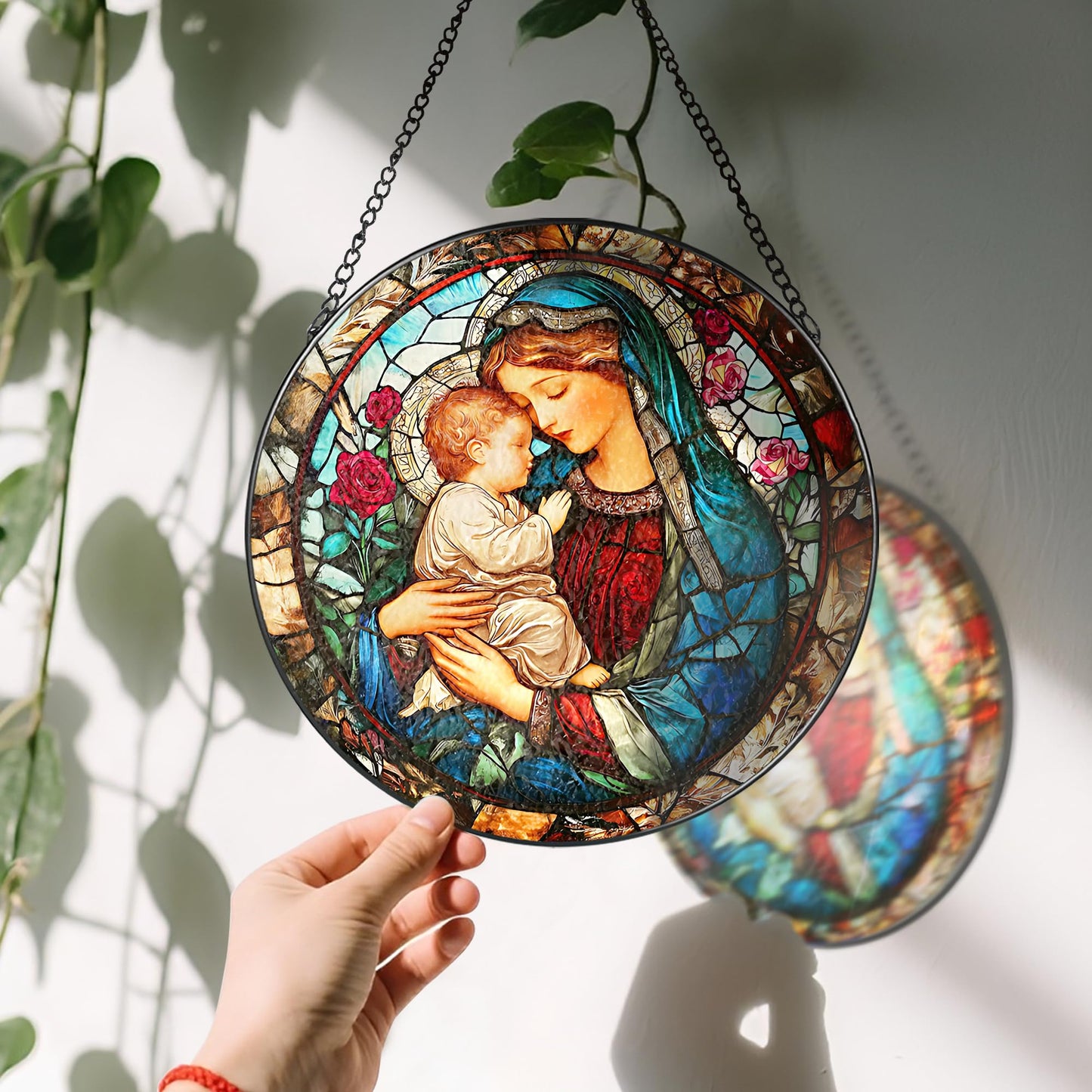 8 Inch Virgin Mary Stained Glass Suncatcher, Stained Glass Window Hanging, Christian Window Hanging Decor, Suncatchers for Windows Door Home Decor and Christmas, Christian Gift, Religious Gift