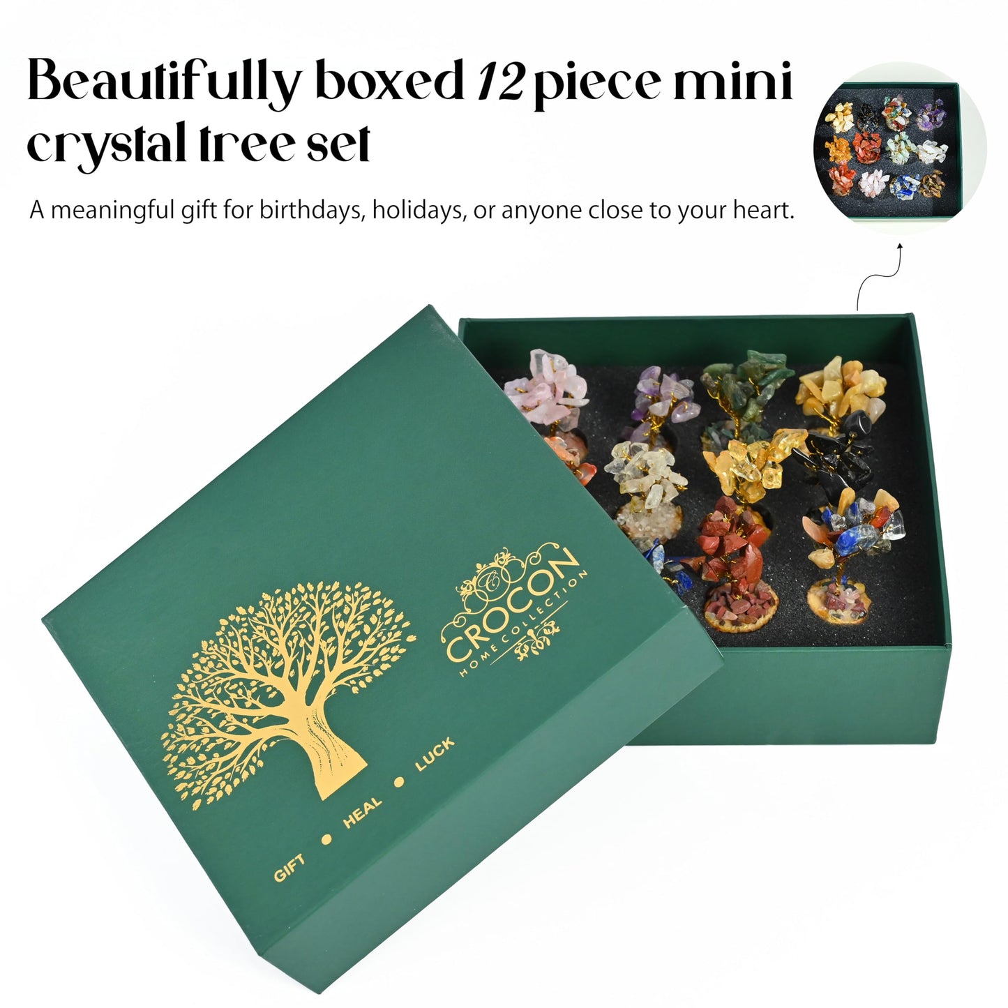 Crocon® Set of 12 Crystals Mini Stone Tree of Life Birthday Gifts for Women, Home & Office Decor, Money Tree Healing Crystals Gift Set Mom & Father Gift Ideas Housewarming Gifts New Home Sister & Dad
