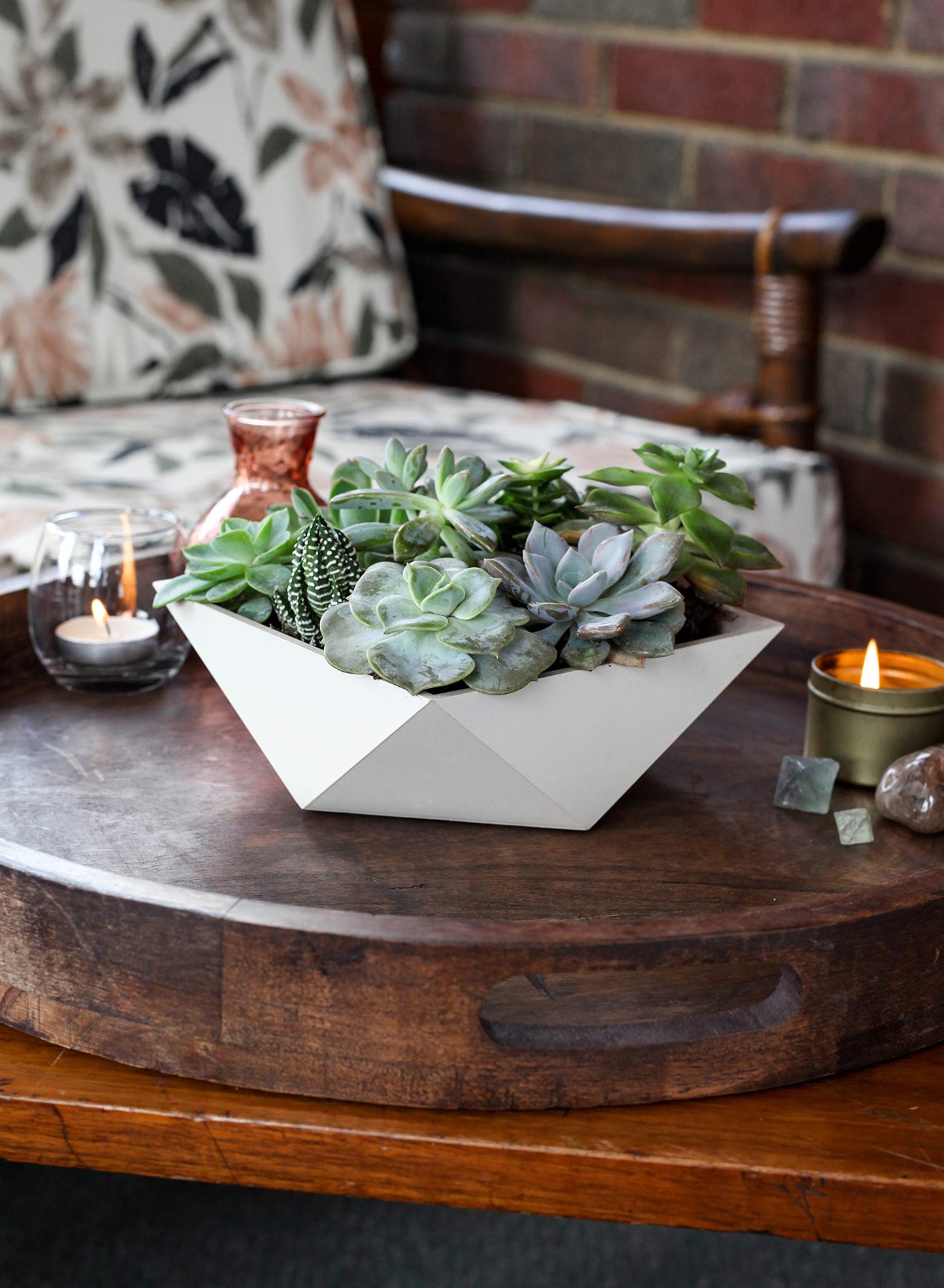 The HC Companies 6 Inch Deco Faceted Plastic Succulent Bowl - Unique Decorative Indoor Planter with Drainage Hole, Faux Concrete (Pack of 2)