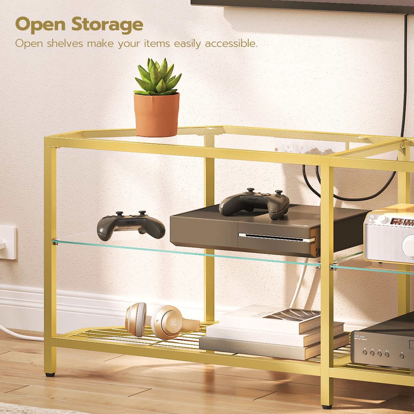 HOOBRO Corner TV Stand with Power Outlet for TVs up to 55", Modern 55" Corner TV Console Table with Open Shelves, Tempered Glass Media Entertainment Center for Living Room, Bedroom, Gold GD143UDS01