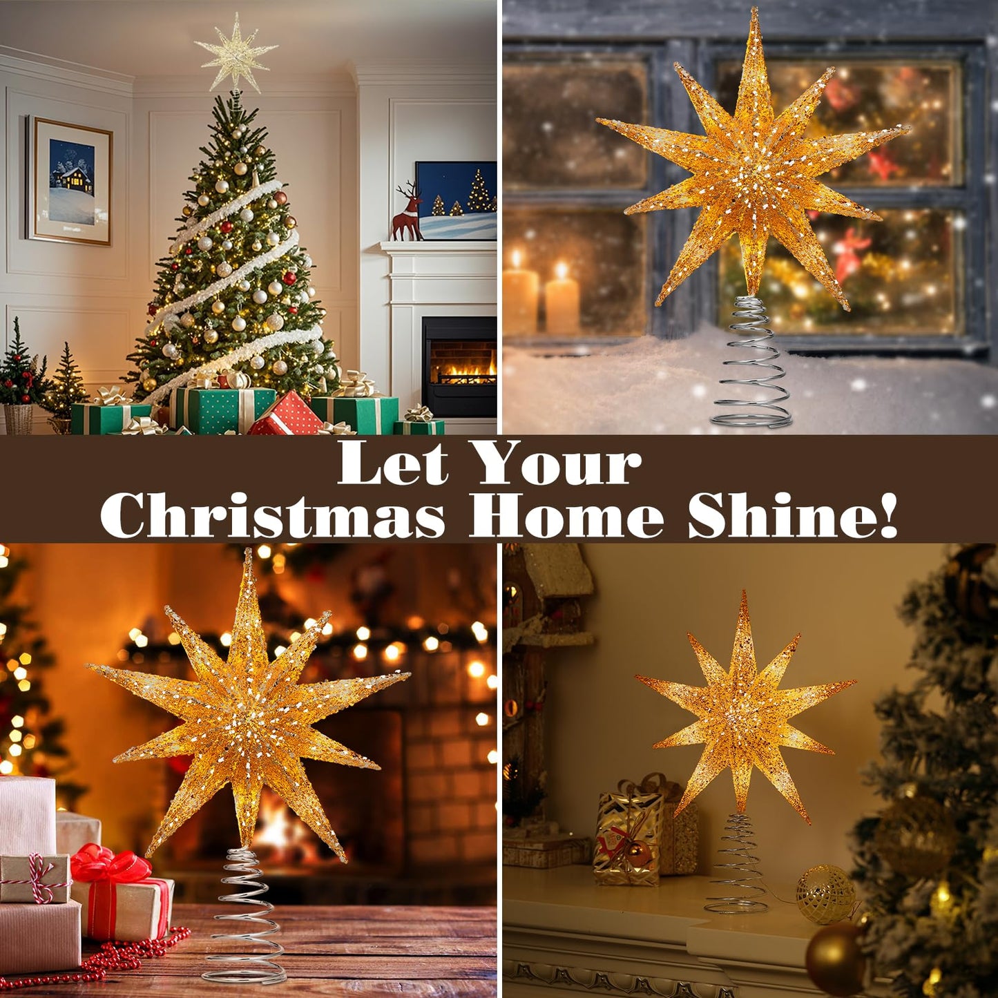Lewondr Christmas Tree Topper Star, 13inch Xmas Tree Topper with LED Light Beads, Remote & USB Operated 10-Point Star Treetop for Home Christmas Decoration, 6H Timer & 8 Lighting Modes, Gold