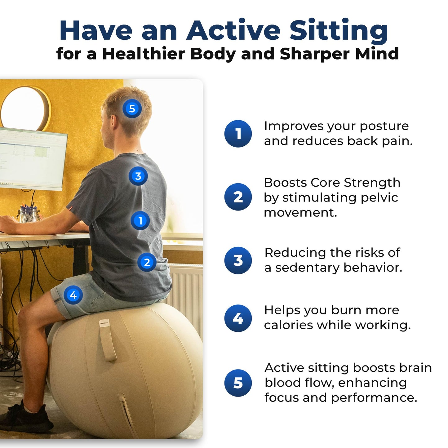 Backerz Balance Ball Chair for Office & Home - Ergonomic Exercise Ball for Posture & Back Pain Relief, Yoga Ball Chair - Sitting Ball with Washable Linen Cover