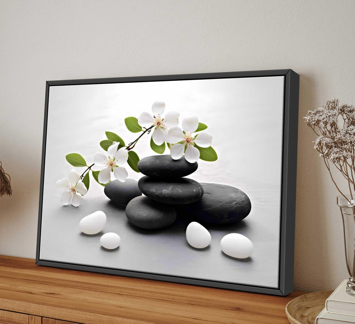 Framed Zen Stone Flower Canvas Wall Art Orchid Flower Black White Zen Stone Picture Wall Decor Still Life Poster Print Artwork for Bathroom Yoga Room Spa Room Meditation Room Office Home Decoration