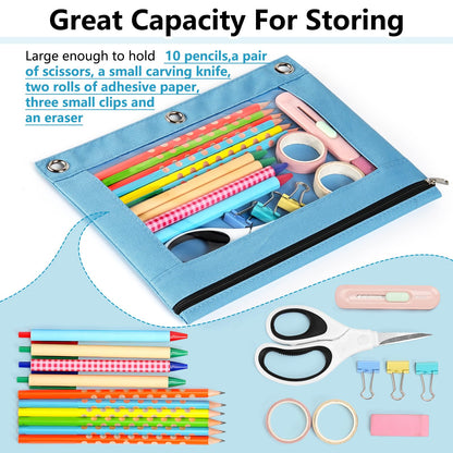 Forvencer Pencil Pouch for 3 Ring Binder, Binder Pencil Case with Smooth Zipper, Clear Window Pencil Case for Binder, Big Capacity 3 Ring Binder Pencil Bag with 3 Reinforced Grommets, Pink