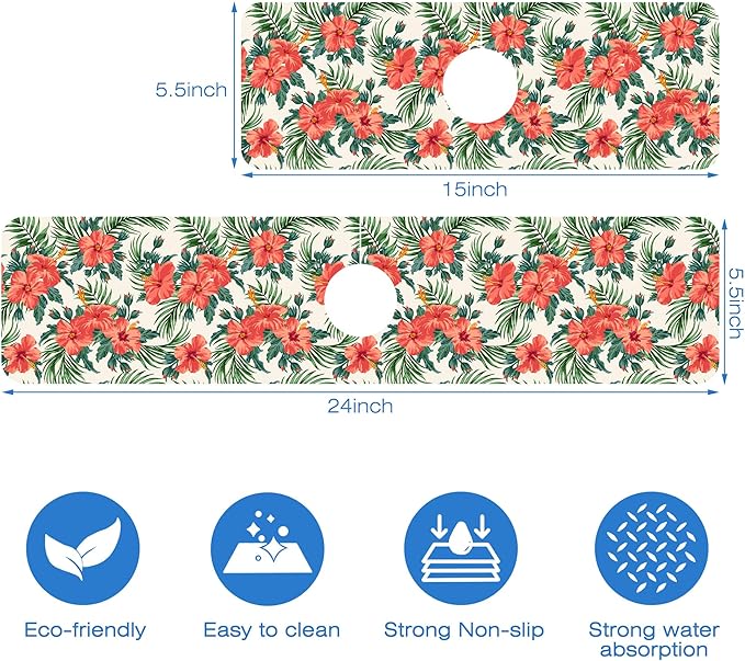 Tropical Leaves and Red Floral Kitchen Sink Splash Guard Mat Absorbent Fast