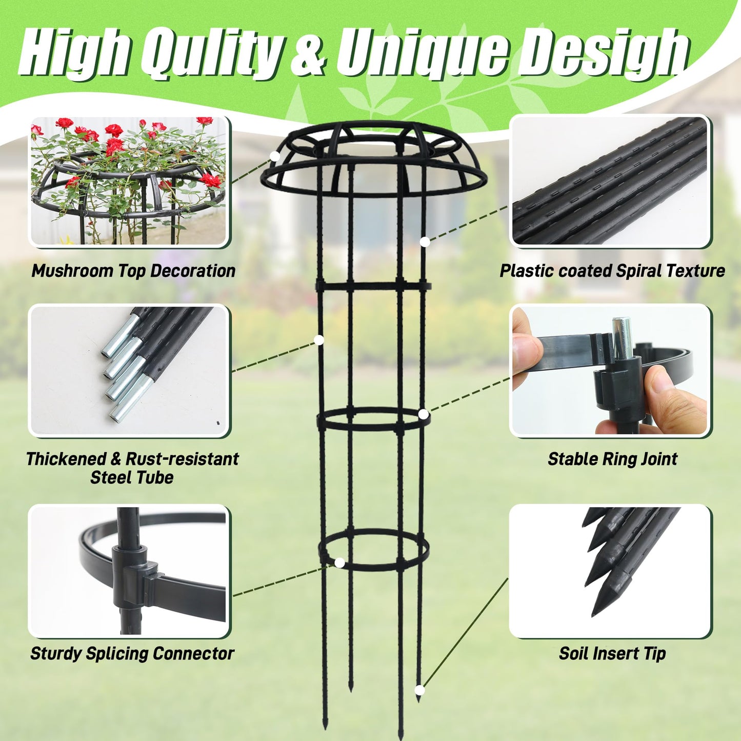 Quibbay Garden Trellis for Climbing Plants Outdoor, 65 Inch Mushroom Top Trellis for Climbing Plants, Plant Trellis Support for Potted Plants Climbing Vine Rose Clematis Vegetable Trellis, 1 Pack
