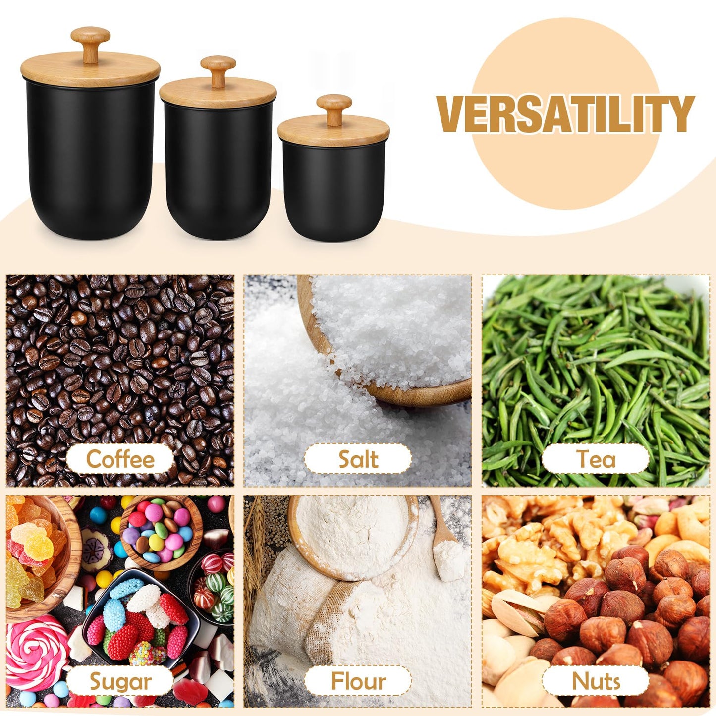 Remerry Metal Kitchen Canisters for Countertop Set of 3 Sugar Flour Canisters Set with Airtight Bamboo Lids Kitchen Jars with Spoon DIY Labels for Coffee, Tea, Spice, Sugar, Salt(Black)