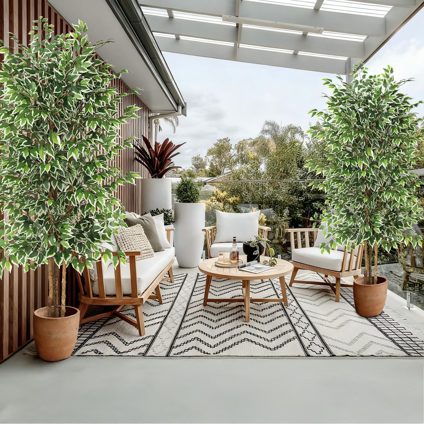 GTIDEA 7ft Ficus Artificial Trees, Tall Faux Trees Indoor with Natural Trunk and Fake Silk Tree Fake Plants for Home Decor Living Room Outdoor Balcony House Office (Included Dried Moss)