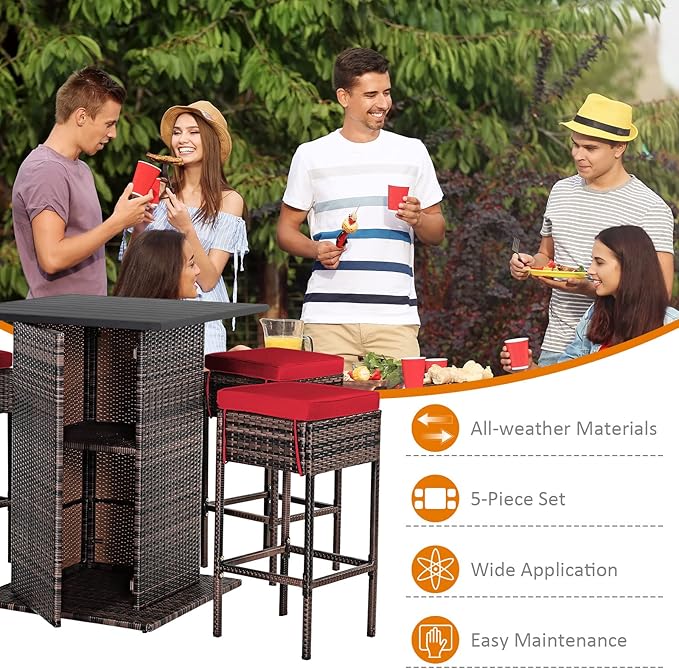 Tangkula 5 Piece Outdoor Rattan Bar Set, Patio Bar Furniture