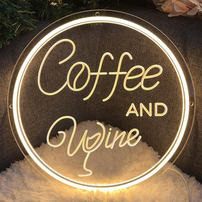 Coffee & Wine Neon Sign For Wall Decor 3D Art Carving Design Indoor Bedroom Led Neon Signs Backdrop Flex Christmas Party Business Shop Window Wedding Living Room Birthday Gift(Warm White,USB,30×30CM)